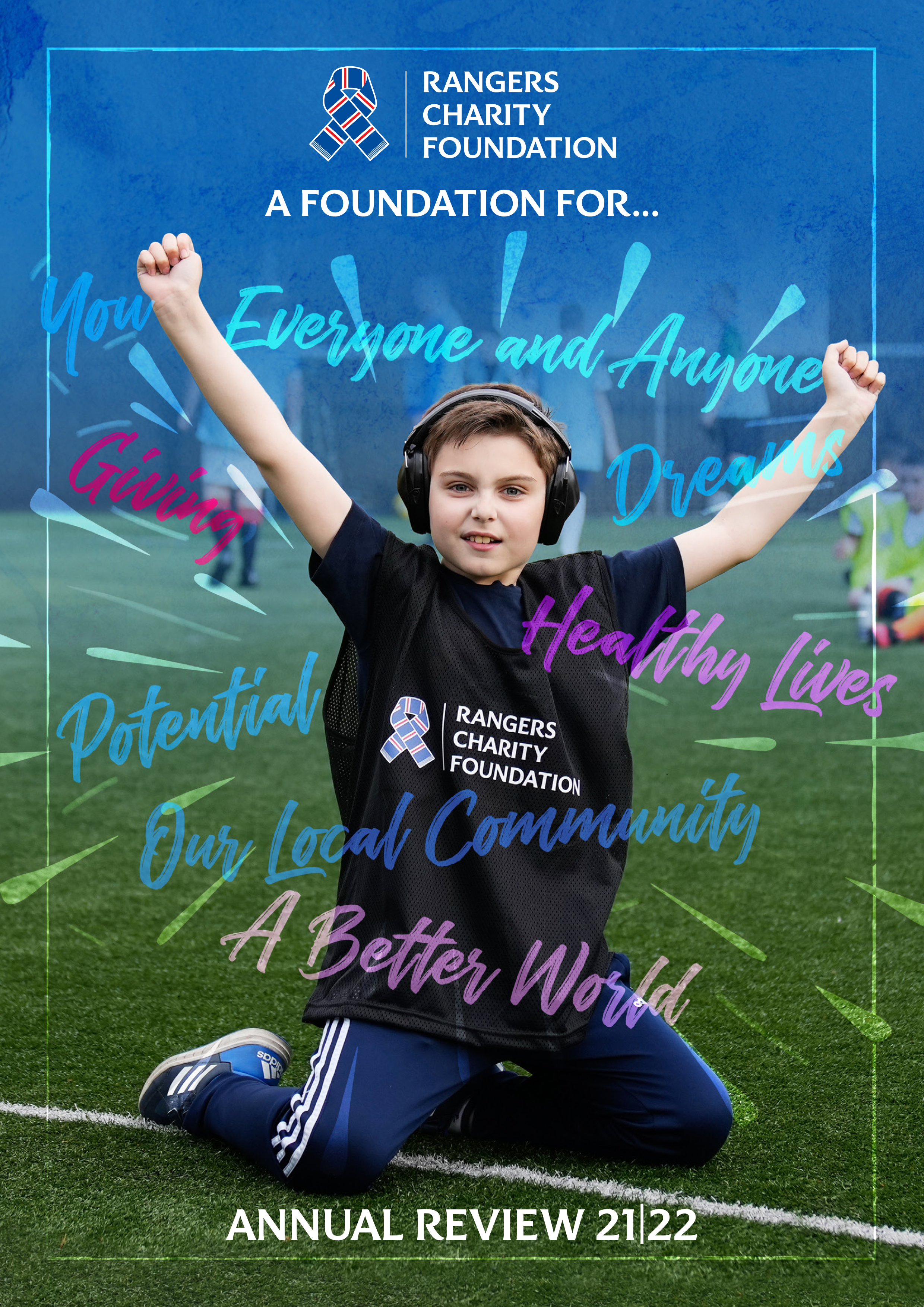 The cover of the 2021/22 Annual review featuring a child celebrating
