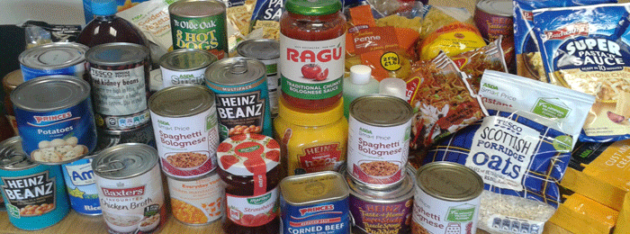 Tins and packets of food for foodbank