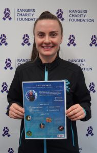 Rangers player Kirsty Howat holding up a profile card