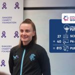 Kirsty Howat standing in front of Rangers Foundation Foundation Branding