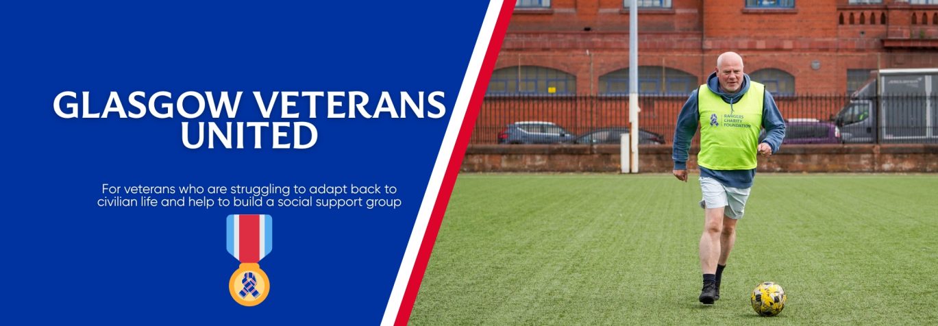 A veteran playing football next to Ibrox Stadium.