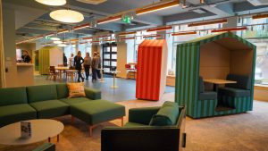 Private pods, comfy chairs, kitchen area